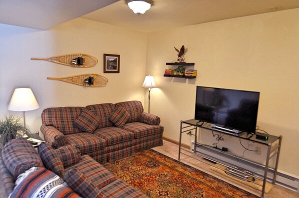 Second Living Room Area - The second living room area is downstairs. It has a bar, comfortable sofas, and a TV.