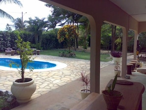 View of garden and pool from downstairs terrace