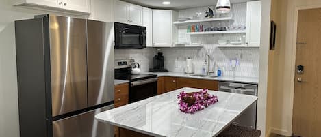 New fridge has ice/water dispensers inside, custom backsplash, Quartzite counter