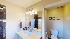 Private bathroom with marble walk-in shower with take down hand wand