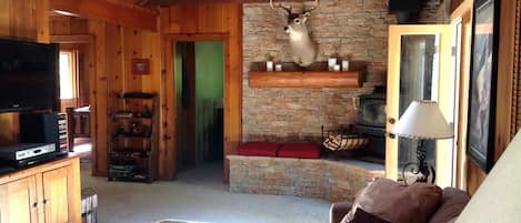 Cozy, spacious open beam living room