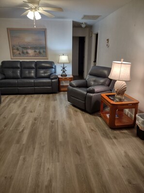New furniture in the living room. The foldout couch is gone.