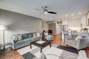 Open concept kitchen, living and dining room.