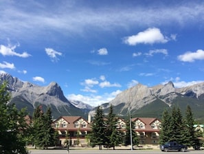Views of Rundle and Ha Ling from the deck in the summer