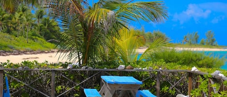 Med Point's 1200 square foot teak deck with our deserted beach in the background.