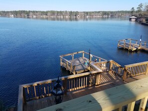 Lake Jordan facing Northeast.  Fishing pier has cleats to tie up boat.