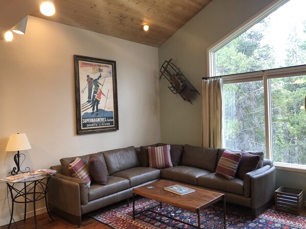 Living room with new furniture, vaulted ceiling, three sided fireplace