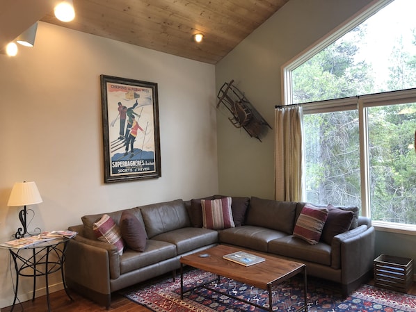 Living room with new furniture, vaulted ceiling, three sided fireplace