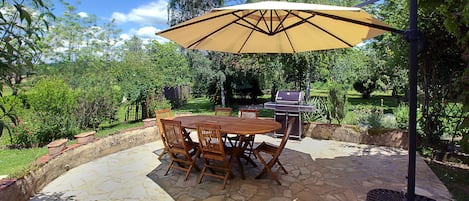 Gorgeous back yard with huge patio for al fresco dining, entertaining & grilling