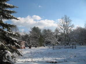 snowy view of barn and meadow-looking from the house