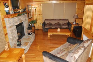 Snuggle in front of the fire place, watch some movies. Sleeper sofa option.