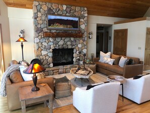 Great room with stone fireplace