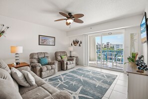 Spacious Living Room with Balcony View