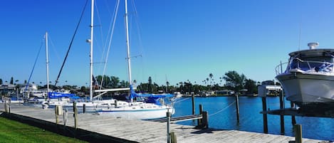 Lined with Boat Slips right outside your door, please inquire about mooring your Boat.