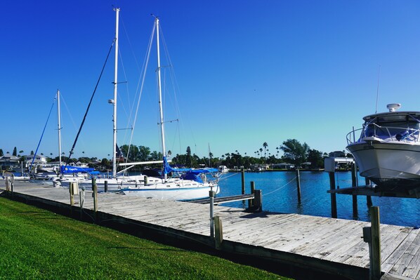 Lined with Boat Slips right outside your door, please inquire about mooring your Boat.