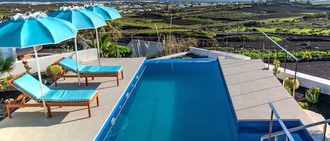 Views from the pool of 8km of coastline 
and islands of Fuerteaventura and Lobos