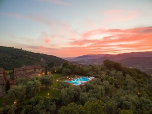 Aerial view of the house at sunset