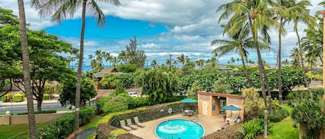 Lovely aerial view of Maui Vista pool looking to ocean. NOT visible from condo