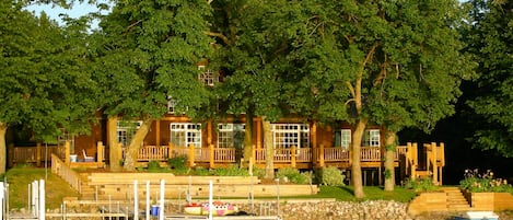 Lakeside view of cabin and lakeshore
