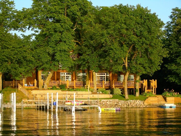 Lakeside view of cabin and lakeshore