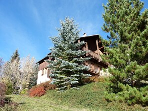 arrivée au chalet global par le jardin, du parking