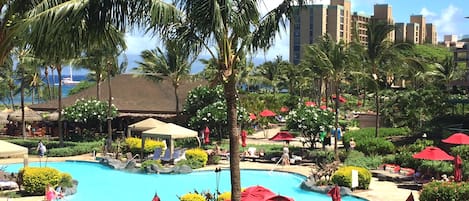 View from lanai, Overlooks Formal Pool out to Ocean and Molokai