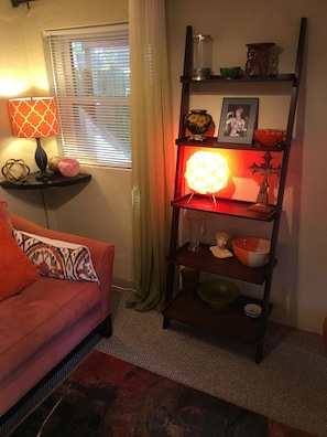 Festive etagere with colorful objet's d'art.