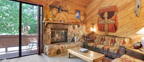 Living Room, deck, wood fireplace