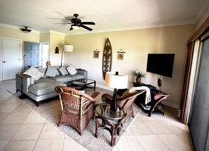 Enjoy new sectional lounge sofa positioned to enjoy TV and exterior views