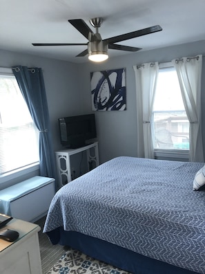 Looking into bedroom. Electric fireplace for cool evenings!