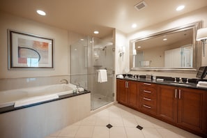 Spacious shower (the water pressure is amazing) and jet bathtub