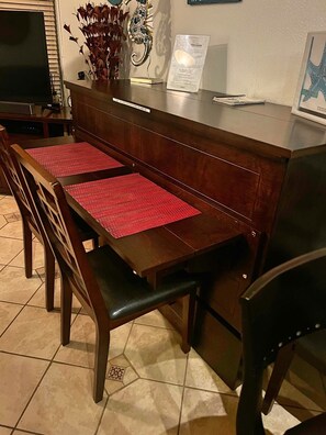 New cabinet bed, Queen. Extra comfort. Replaces sofa bed & dining table.
