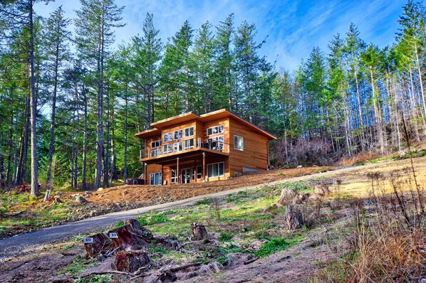 Northwest Modern design with cedar siding, perched on the hillside.