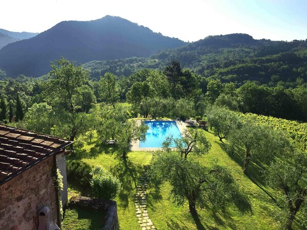 View of pool from bedroom window. The pool benefits from all day sunshine