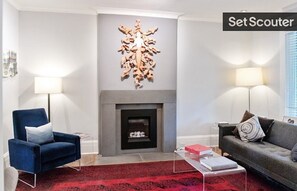 Living room and fireplace.