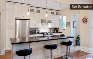 The kitchen and island. 