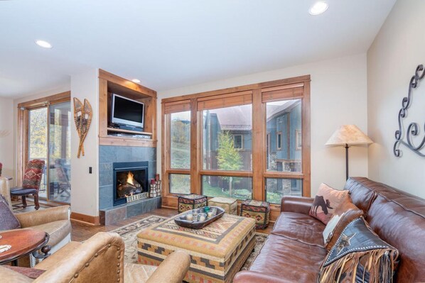 Mountain cozy living room with ski area views