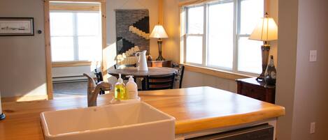 farm sink, custom pine countertop, dinning area, mudroom