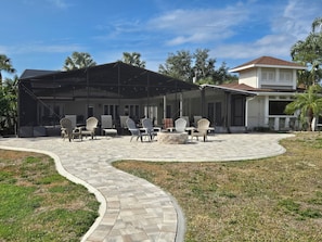 Walking up from the docks and looking at the outdoor area with the fire pit.