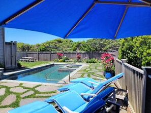 Pool view from the four teak loungers. Pool has sun all day.