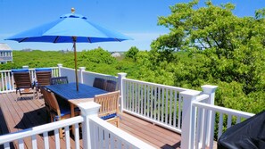 Second story dining deck overlooks pool, moors and views of Sankaty Light.