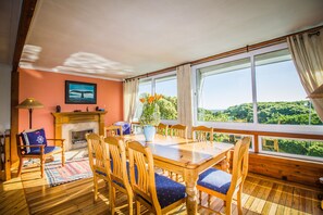 The dining room with gas fireplace