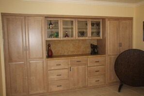 Feature wall with storage and guest closet 