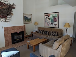 Living room with fireplace and large queen sofa bed