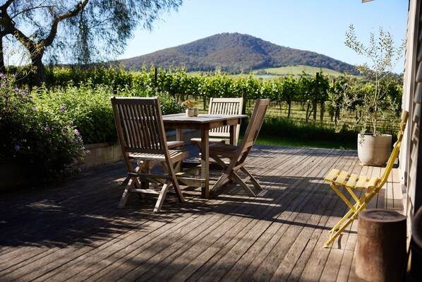 Back deck overlooking the vines, herb garden and Warramate hill beyond. 