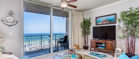 living area with beach view