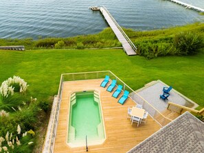 Newly built heated saltwater pool and spacious decking.