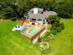 Newly built heated saltwater pool and spacious decking.