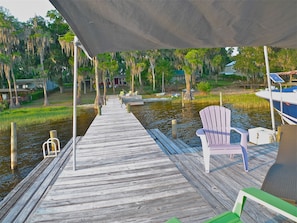 175' long dock and beach. Solar shade sail area at end of dock