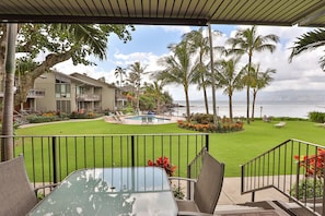 View from our unit, steps to pool, cove and BBQ